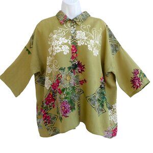 SiLK Citron Santa Monica Green Asian Floral Shell Button Kimono Top Back Pleat S